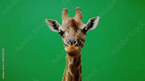 Close-up portrait of a young giraffe against a green screen background