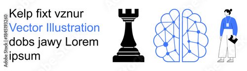 Artificial intelligence, strategic planning, professional development, data science, decision-making, neural networks. A chess rook, neural network diagram and a figure holding a folder. Artificial