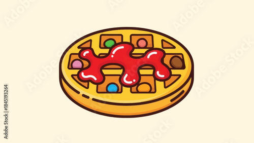 Cartoon waffle with syrup and colorful candies on a cream background