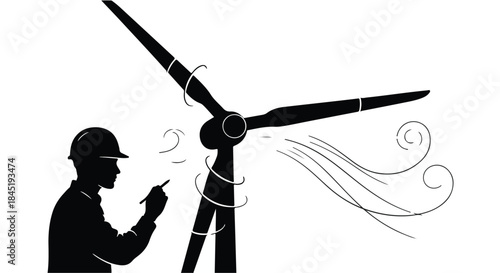 Engineer inspects wind turbine blades on a breezy day, symbolizing renewable energy progress.