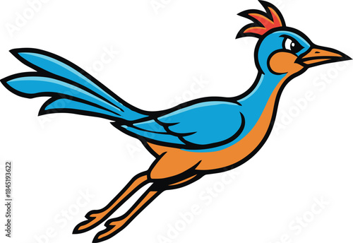 Vector illustration of a stylized blue and orange cartoon roadrunner bird running with a determined expression, designed in a mascot style.