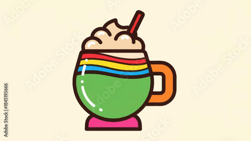 Colorful cartoon beverage illustration with whipped cream and straw