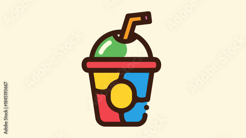 Colorful cartoon beverage with straw and ice isolated on a light background
