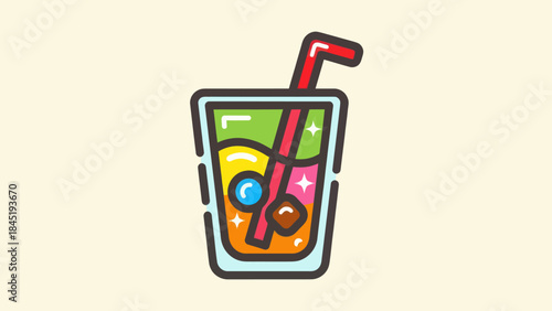 Colorful cartoon beverage illustration with straw and ice cubes on a light background