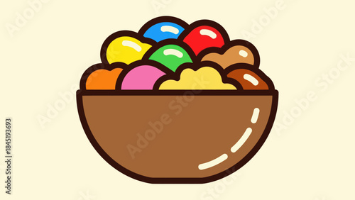 Colorful cartoon bowl filled with sweet candies against a neutral background