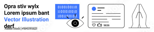 Data security, privacy, social media interaction, identity tracking, cybersecurity, moral principles. Icons of binary code, an eye a social media post and praying hands. Digital security
