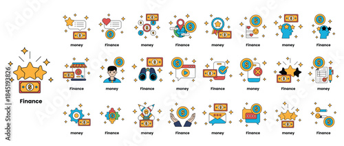 A series of black and white icons for finance