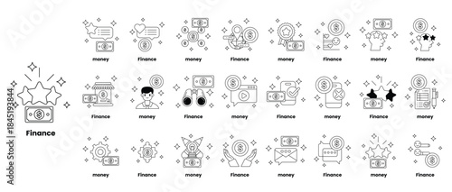 A series of black and white icons for finance