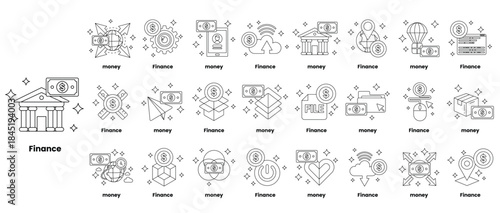 A series of black and white drawings of various financial symbols