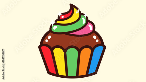 Colorful cartoon cupcake with rainbow icing against a neutral background