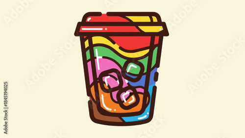 Colorful cartoon iced beverage cup with ice cubes on neutral background