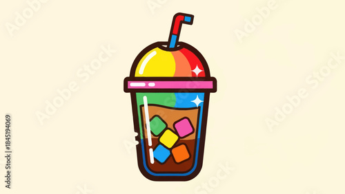 Colorful cartoon iced drink with straw and ice cubes isolated on white