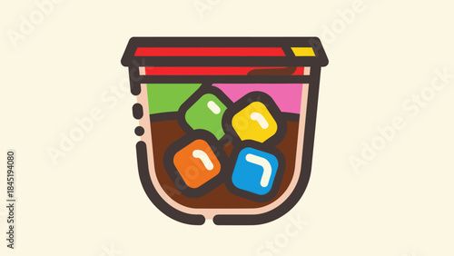 Colorful cartoon iced drink with ice cubes on neutral background