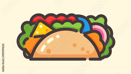Colorful cartoon illustration of a delicious taco with fresh ingredients