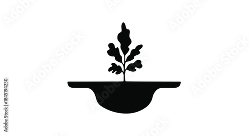 Simple black silhouette of a young oak sapling growing from a mound of earth, symbolizing growth and nature.
