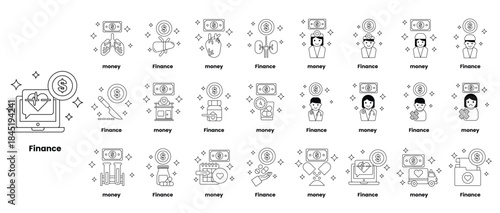 A collection of black and white icons for finance