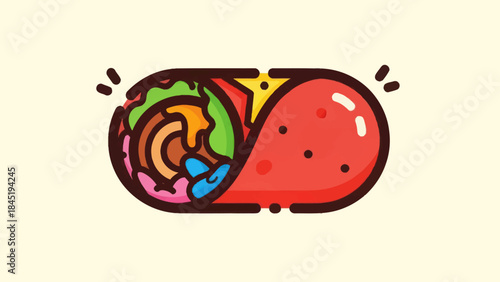 Colorful cartoon illustration of a delicious wrap sandwich with fresh ingredients