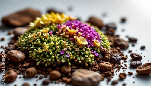 A variety of colorful edible flowers and seeds arranged artistically, likely for culinary use, set against a background that seems to be either a table or countertop with food ingredients.