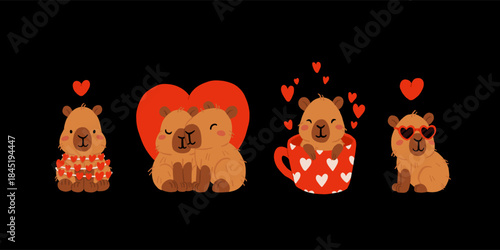 Cute Valentines Day capybara clipart set with heart balloons, romantic letters, capybara in gift box, kawaii animals with hearts, love messages and presents, characters for cards, stickers and print
