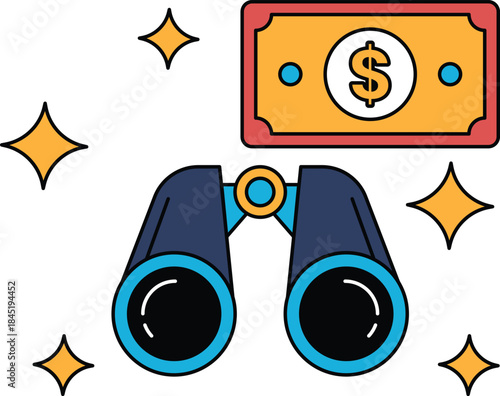 A pair of binoculars is shown next to a dollar bill