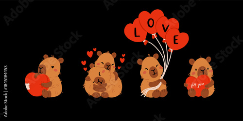 Cute Valentines Day capybara clipart set with heart balloons, romantic letters, capybara in gift box, kawaii animals with hearts, love messages and presents, characters for cards, stickers and print