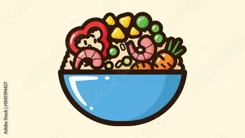 Colorful cartoon illustration of a rice bowl with various food toppings
