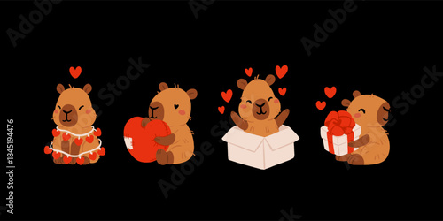 Cute Valentines Day capybara clipart set with heart balloons, romantic letters, capybara in gift box, kawaii animals with hearts, love messages and presents, characters for cards, stickers and print