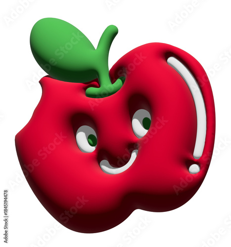 Inflated 3D of bite red apple for fruit, diet, healthy snack, breakfast, lunch, cartoon character, comic, mascot, cute patch, grocery shopping, supermarket, plush toy, kid doll, ingredients, vegan	