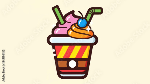 Colorful cartoon milkshake beverage with straws and whipped cream on neutral background