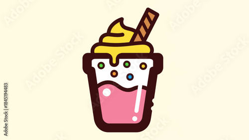 Colorful cartoon milkshake dessert with cream and wafer stick on beige background