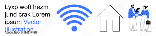 Wireless technology, smart home design, online communication, remote services, real estate, teamwork. wireless symbol, a house icon and people collaborating. Wireless technology and smart home