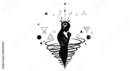 Silhouette of a person in deep thought, surrounded by abstract geometric shapes and swirling energy, symbolizing creativity and ideas.