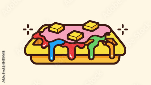 Colorful cartoon waffle illustration with melting glaze and butter squares