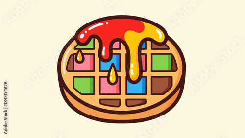 Colorful cartoon waffle illustration with melting syrup and multi colored squares