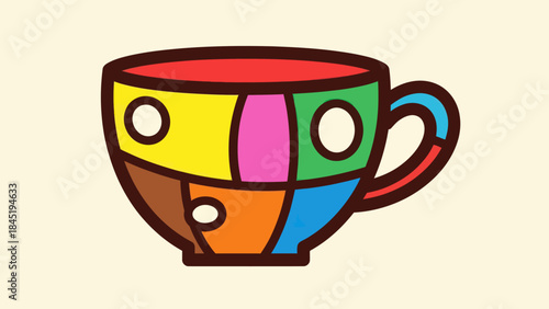 Colorful cartoon teacup with geometric patterns on cream background