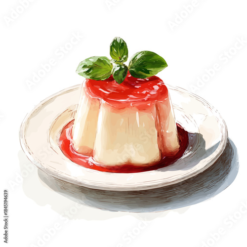 Stylized watercolor Panna Cotta vector, modern artistic illustration with high-quality details on a pure white background.