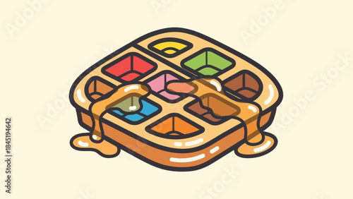 Colorful cartoon waffle illustration with syrup and diverse filling isolated