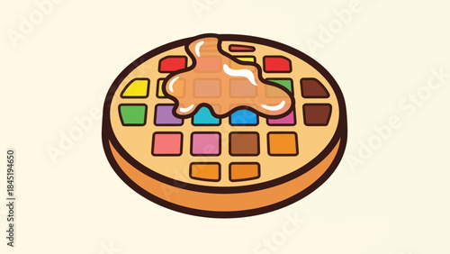 Colorful cartoon waffle illustration with syrup and diverse square blocks