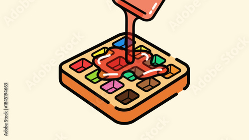 Colorful cartoon waffle with sauce being poured on top for food concept