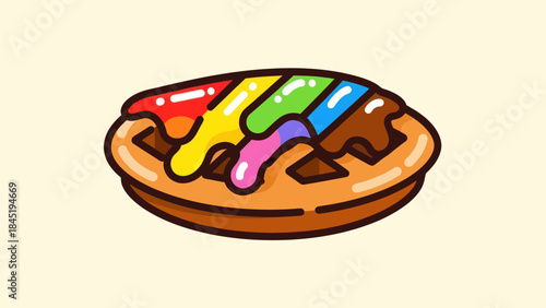 Colorful cartoon waffle illustration with rainbow syrup dripping on top