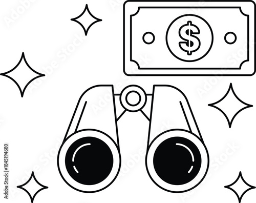 A pair of binoculars is shown next to a dollar bill