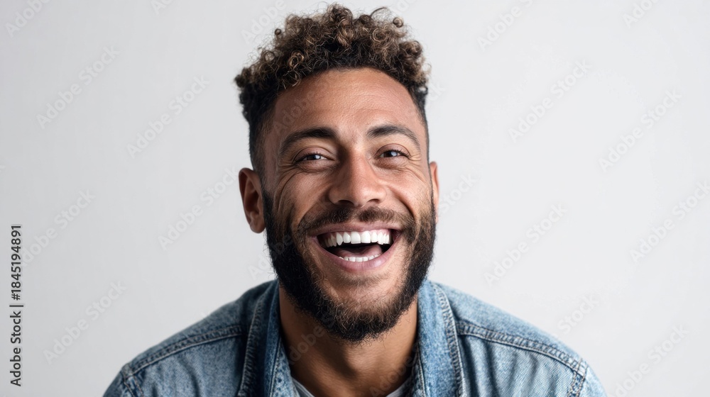 Fototapeta premium Happy man with a beard smiles broadly, showing perfect white teeth