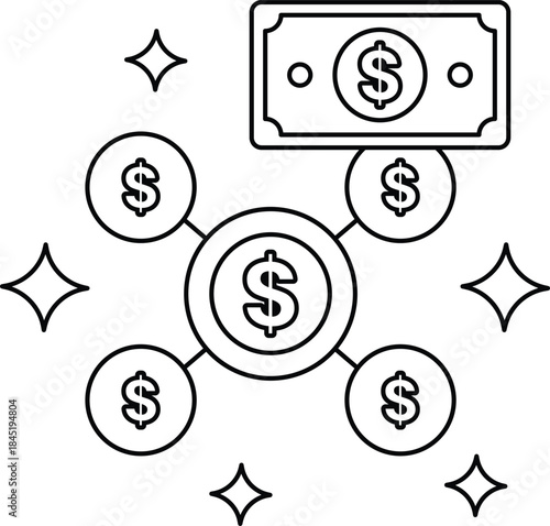 A drawing of a dollar bill with a bunch of coins around it