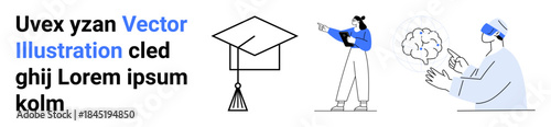 Graduation cap, person presenting, and scientist using VR headset to explore brain. Ideal for education, STEM, innovation, e-learning, technology, science communication simple landing page