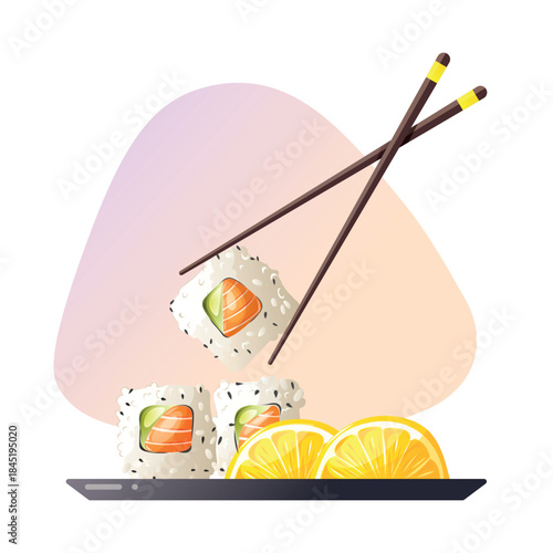 sushi maki with sesame and tuna fish and chopsticks and lemons