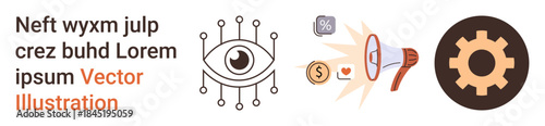 Artificial intelligence, marketing, communication, finance, business planning, innovation. Eye with circuits, megaphone with icons gear symbol. Artificial intelligence and marketing concept