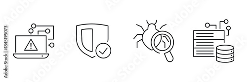 Office security icon set, laptop alert warning, shield protection check, bug search magnifier, data server analytics outline vector illustration.