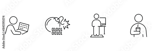 Office developer icon set, laptop coding person, cyber attack bomb, standing desk worker, coffee break employee outline vector illustration.