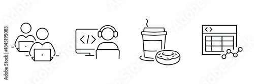 Office teamwork icon set, pair programmers laptops, focused coder headphones, coffee donut break, code analytics dashboard outline vector illustration.