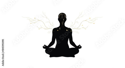 Serene silhouette meditating in lotus pose with ethereal golden branches blooming